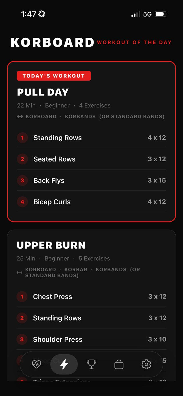 KORBOARD app — workout of the day