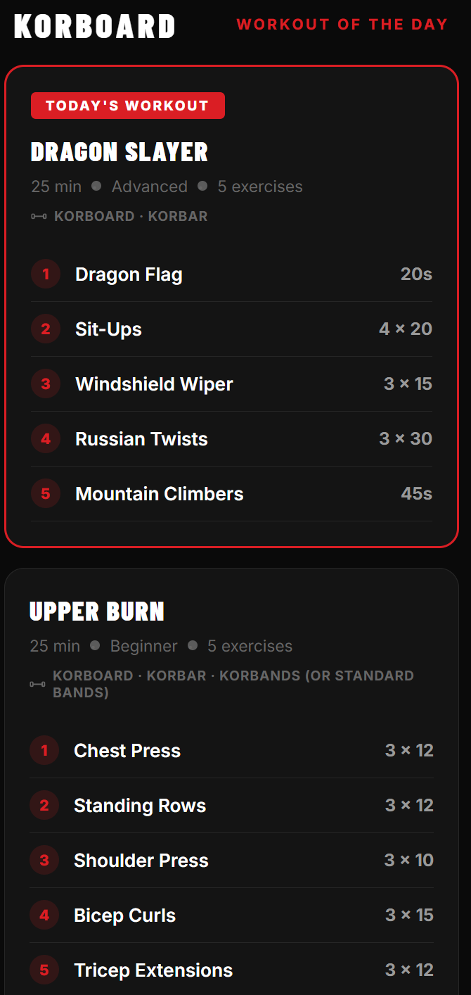 KORBOARD app — workout of the day